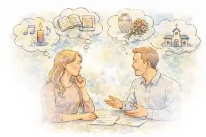 Gesprek tussen twee personen over uitvaartwensen met pictogrammen van muziek, kaars, boek, urn, bloemen en kerk