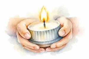 Brandende kaars die beschermend wordt vastgehouden in twee handen, symbool voor herinnering, troost en verbondenheid.