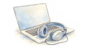 Illustratie van laptop met koptelefoon voor het aanleveren van uitvaartmuziek