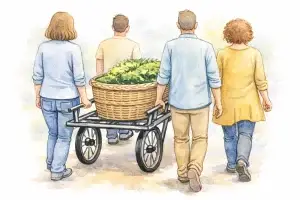 Vier personen lopen samen met een rijdende mand van natuurlijke materialen gevuld met groen, als onderdeel van een duurzame uitvaart.
