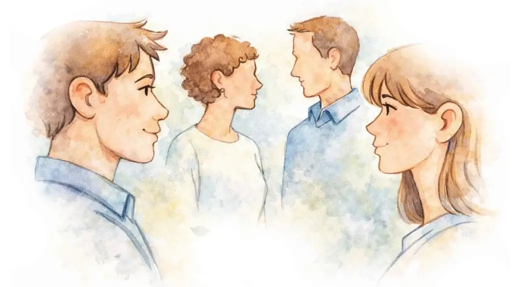 Illustratie van vier personen die elkaar aankijken en met elkaar in contact staan.