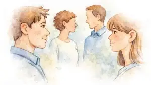 Illustratie van vier personen die elkaar aankijken en met elkaar in contact staan.
