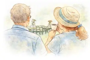 Illustratie van twee bezoekers die samen koffie drinken in een rouwcentrum.
