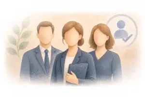 Illustratie van drie professionele medewerkers met symbool voor bevoegdheid en kwaliteit.
