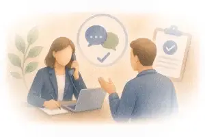Illustratie van een medewerker die een klacht bespreekt met een klant, met symbolen voor communicatie en afhandeling.