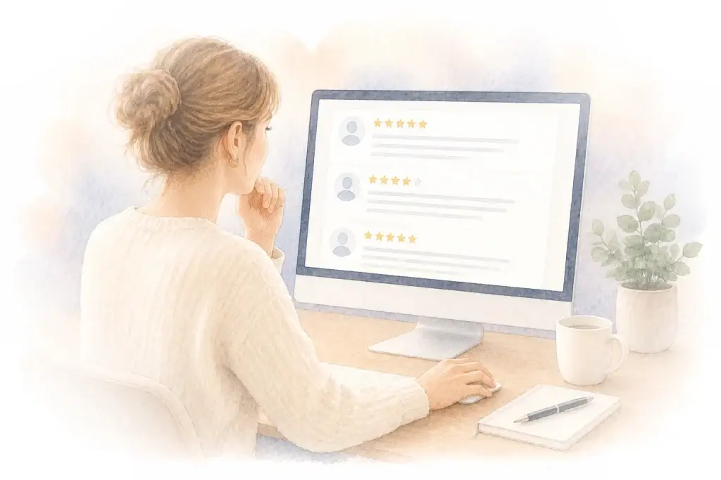 Illustratie van een persoon die online recensies en beoordelingen bekijkt op een computerscherm.