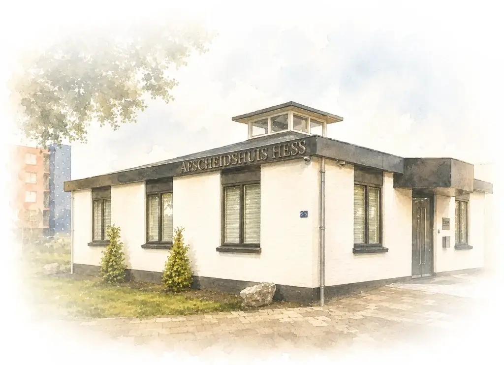Voorzijde van Afscheidshuis Hess in illustratiestijl