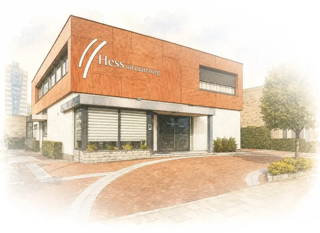 Illustratie van Rouwcentrum Hess uitvaartzorg met moderne gevel en entree
