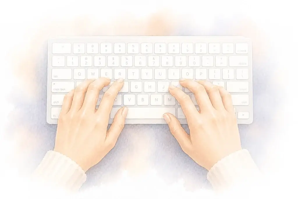 Illustratie van handen die een digitaal kwaliteitsonderzoek of online vragenlijst invullen op een toetsenbord.