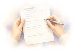 Illustratie van iemand die een kwaliteitsonderzoek of evaluatieformulier met een pen invult.