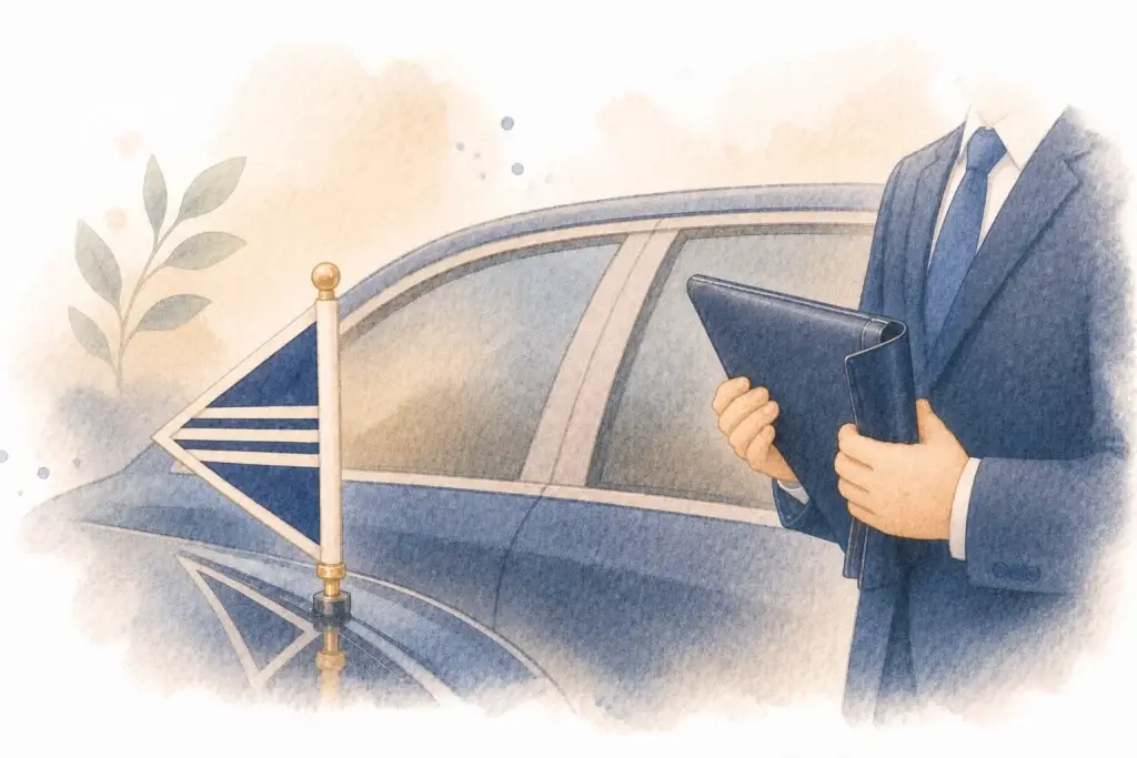 Aquarelillustratie van een uitvaartverzorger naast een rouwauto met uitvaartvlag tijdens een begrafenis of crematie.