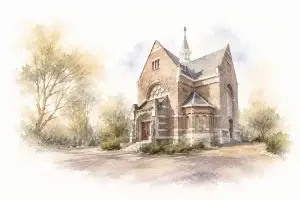 Aquarelillustratie van de Kapel Hofwijk, omringd door bomen en groen, met zachte kleuren die vervagen naar een witte achtergrond.