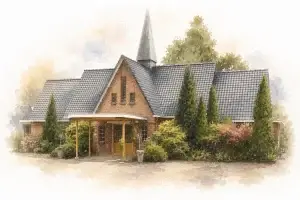 Sfeervolle aquarelillustratie van Uitvaartcentrum Charlois met karakteristieke torenspits, omgeven door groen en weergegeven in zachte kleuren met vervaging naar wit.