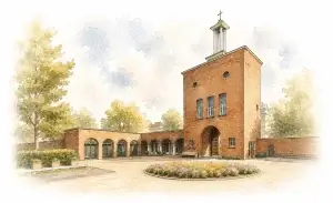 Aquarelillustratie van het karakteristieke gebouw van R.K. Begraafplaats & Crematorium St. Laurentius met toren, binnenplaats en omliggend groen.