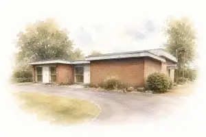 Aquarelillustratie van de aula op Begraafplaats Essehof in Nieuwerkerk aan den IJssel, een modern bakstenen gebouw omringd door groen, weergegeven in zachte tinten die vervagen naar wit.