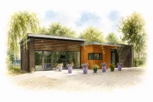 Aquarelillustratie van de aula van Begraafplaats Hervormde Gemeente, een modern gebouw met houten en bakstenen gevels, omgeven door bomen, beplanting en bloempotten, weergegeven in zachte tinten die vervagen naar wit.