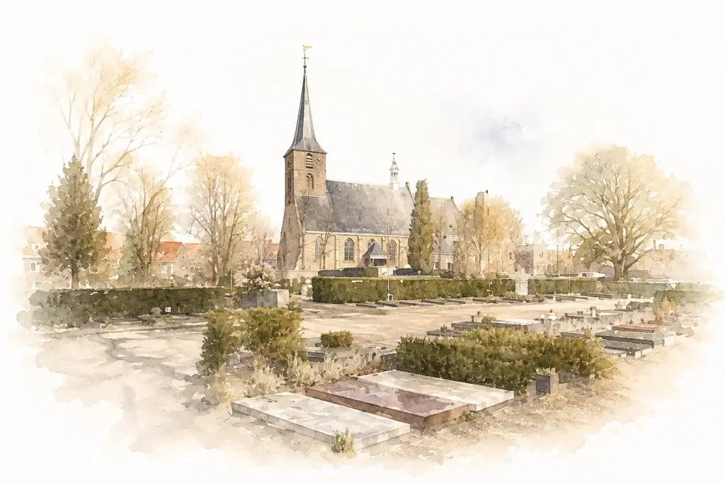 Aquarelillustratie van een historische kerk met hoge kerktoren, gezien vanaf een begraafplaats met grafmonumenten, omringd door bomen en zachte kleuren die vervagen naar wit.