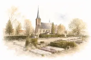 Aquarelillustratie van een historische kerk met hoge kerktoren, gezien vanaf een begraafplaats met grafmonumenten, omringd door bomen en zachte kleuren die vervagen naar wit.