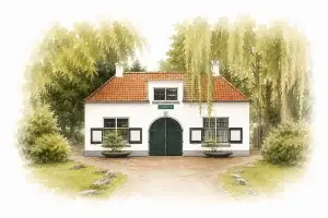 Aquarelillustratie van de historische toegangspoort van Begraafplaats IJsseldijk in Krimpen aan den IJssel, omgeven door bomen en groen, uitgevoerd in zachte kleuren die vervagen naar een witte achtergrond.