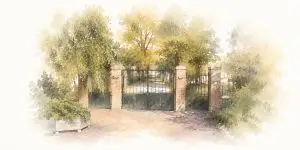 Artistieke aquarelillustratie van de monumentale toegangspoort van Rusthof, omgeven door bomen en groen in een zachte, lichte sfeer.