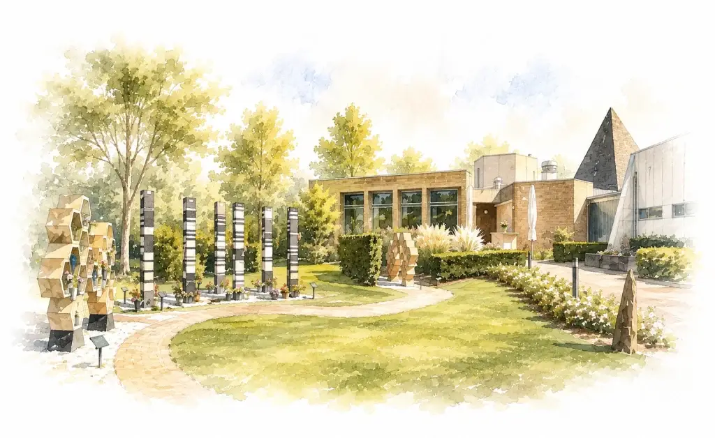 Aquarelillustratie van Begraafplaats en Crematorium Beukenhof met moderne gebouwen, gedenkobjecten, wandelpaden en een groene parkachtige omgeving.