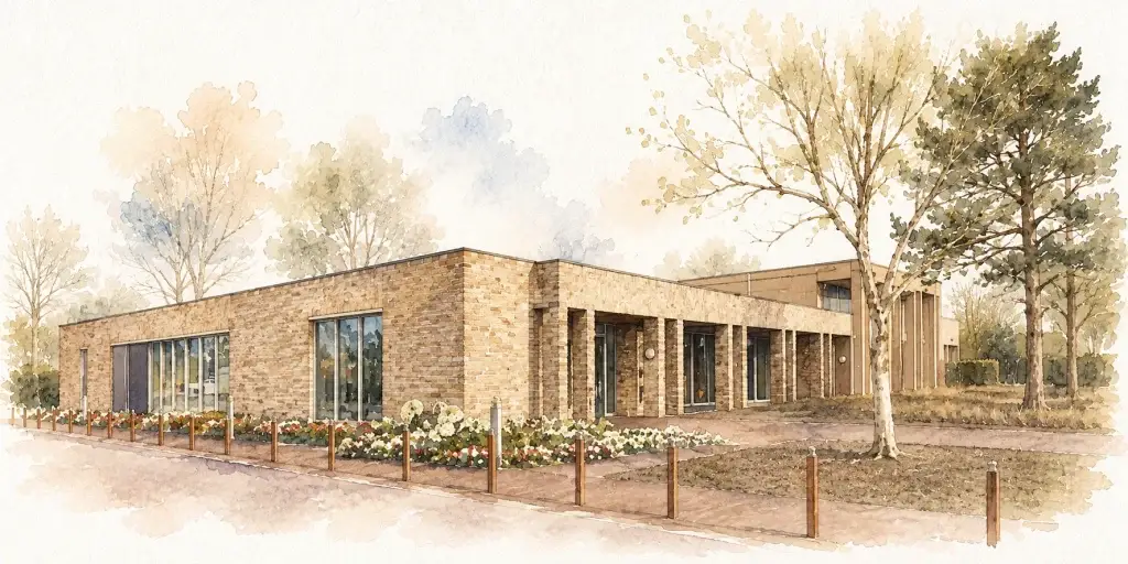 Aquarelillustratie van het gebouw van Begraafplaats en Crematorium Schollevaar, omgeven door bomen en groen.