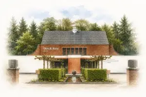 Aquarelimpressie van de entree van Natuurbegraafplaats Den en Rust in Bilthoven met karakteristiek gebouw, formele tuin en waterpartij.