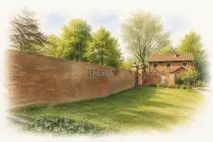 Aquarelimpressie van de entree van Natuurbegraafplaats IJsselhof in Rotterdam-Charlois met karakteristieke bakstenen muur, toegangspoort en groene omgeving.