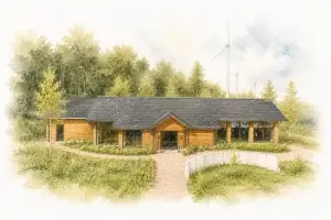 Aquarelimpressie van het ontvangstgebouw van Natuurbegraafplaats Zomerlanden in Heinenoord, gelegen in een groene natuurlijke omgeving met wandelpaden en bomen.