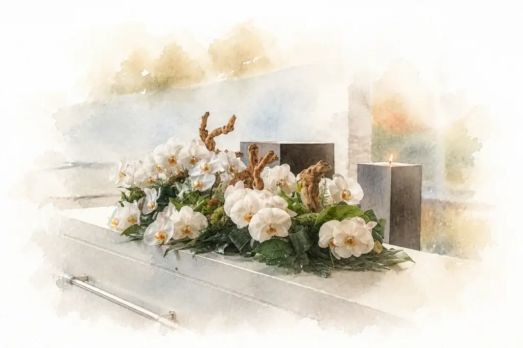Stijlvolle kistbedekking met witte orchideeën, drijfhout en groen op een witte uitvaartkist in een lichte aula.