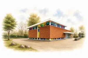 Aquarelillustratie van de aula van Begraafplaats Waalhoven, een modern bakstenen gebouw met kleurrijke glaspartijen, omgeven door bomen en een open plein, uitgevoerd in zachte tinten die vervagen naar wit.
