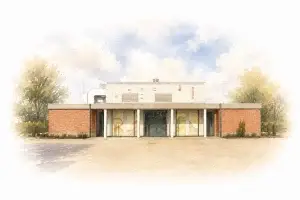 Aquarelillustratie van de aula van de Zuiderbegraafplaats in Rotterdam, een modern gebouw met bakstenen gevels en glazen entree, weergegeven in zachte kleuren die vervagen naar een witte achtergrond.