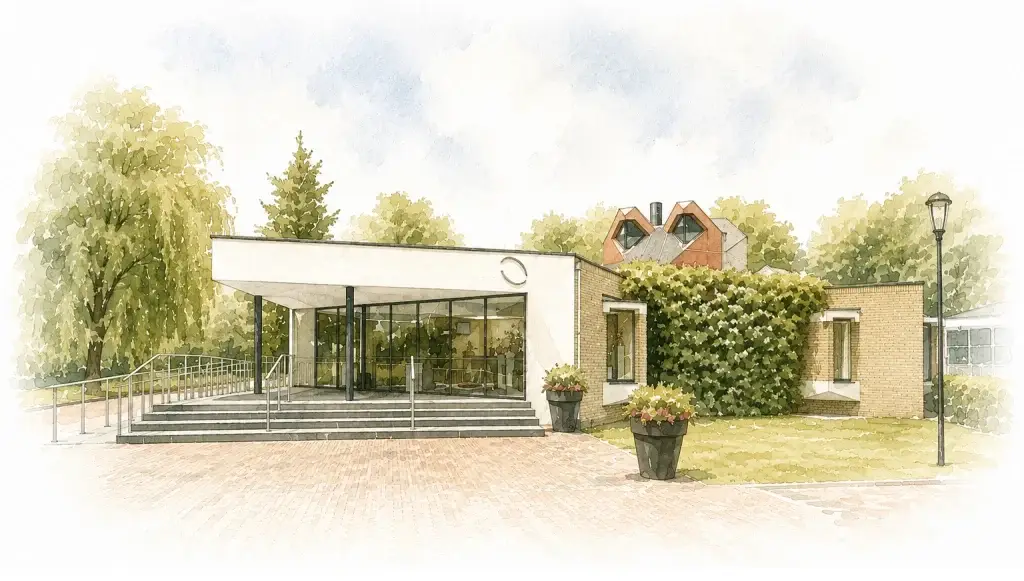 Aquarelillustratie van Crematorium Rotterdam, met een moderne entree, omringd door groen en bomen. Het gebouw is weergegeven in zachte natuurlijke tinten en loopt subtiel over in een witte achtergrond.