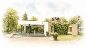 Aquarelillustratie van Crematorium Rotterdam, met een moderne entree, omringd door groen en bomen. Het gebouw is weergegeven in zachte natuurlijke tinten en loopt subtiel over in een witte achtergrond.