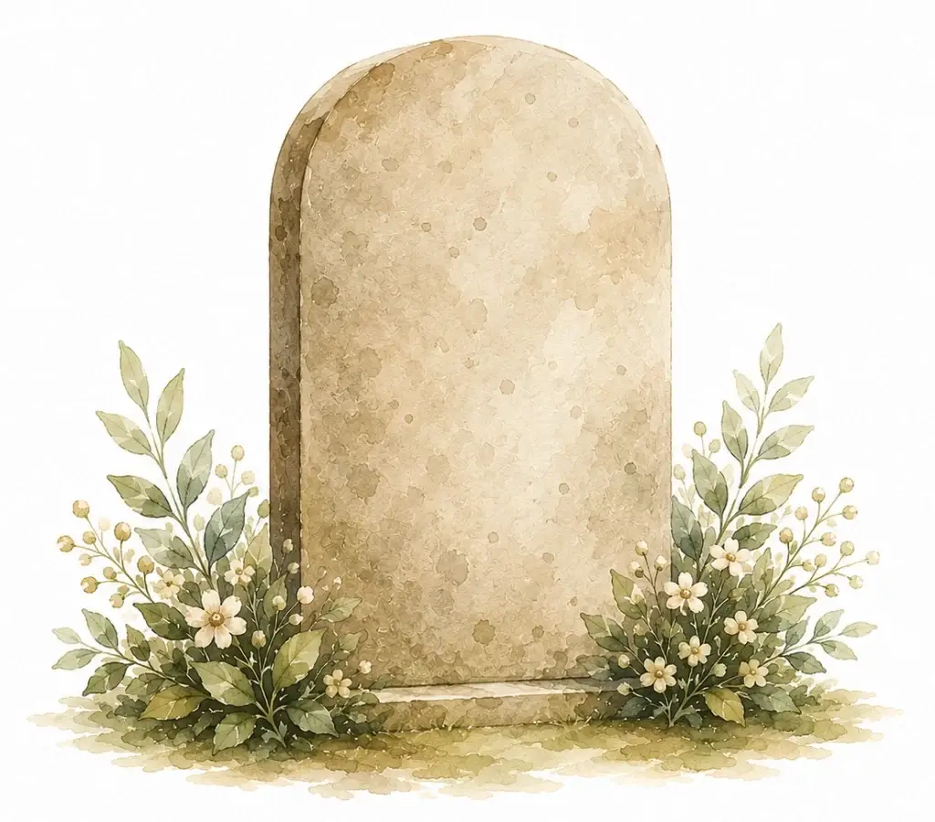Aquarelillustratie van een natuurstenen grafsteen, omringd door zachte bloemen en groen op een witte achtergrond.