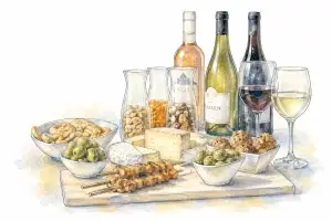 Aquarelillustratie van een cateringarrangement met wijn, kaas, olijven en diverse hapjes op een serveerplank.
