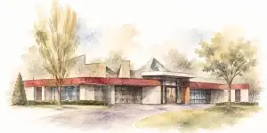 Aquarelillustratie van het crematorium en de aula van Hofwijk, omgeven door bomen en groen.