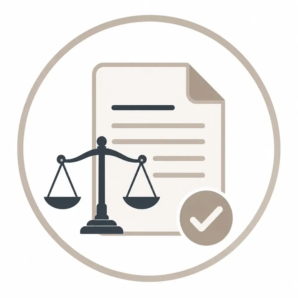 Pictogram van een document met een weegschaal en vinkje als symbool voor disclaimer en juridische informatie