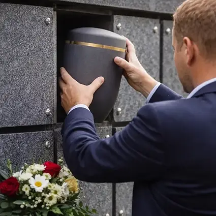 Urn plaatsen in een urnenmuur op de begraafplaats
