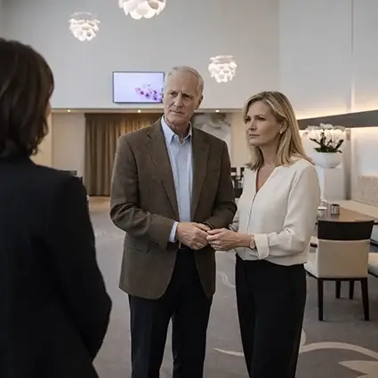 Adviseur in gesprek met echtpaar over uitvaartwensen in de rustige omgeving van rouwcentrum Overschie